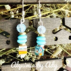 Alquimia Mint blue quartz aquamarine and mother of pearl Statement Earrings